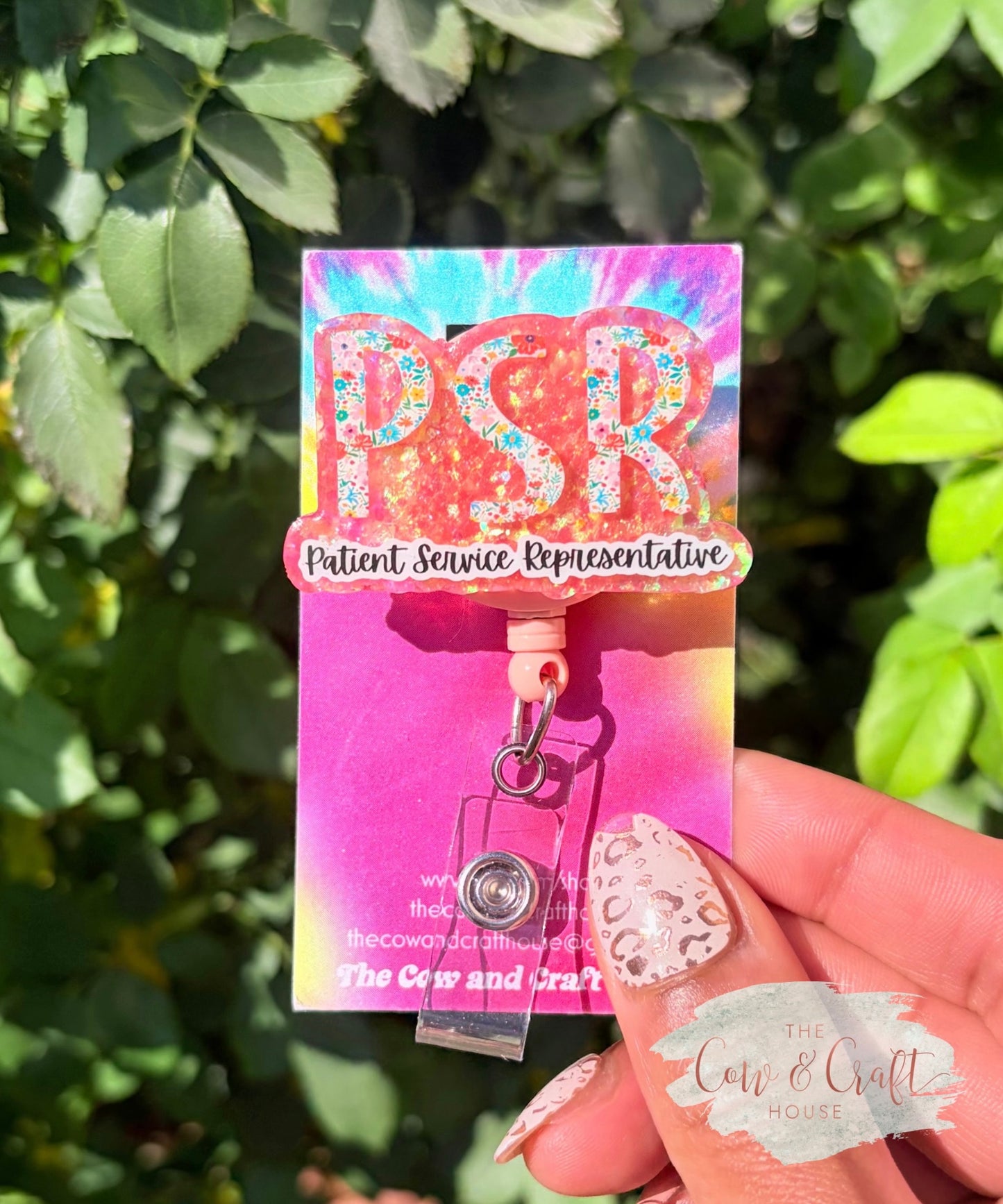PSR Badge Reel | Patient Services Representative Badge Holder | Peach Glitter Floral Badge Reel | Swivel Clip Retractable ID Holder | Healthcare Gift