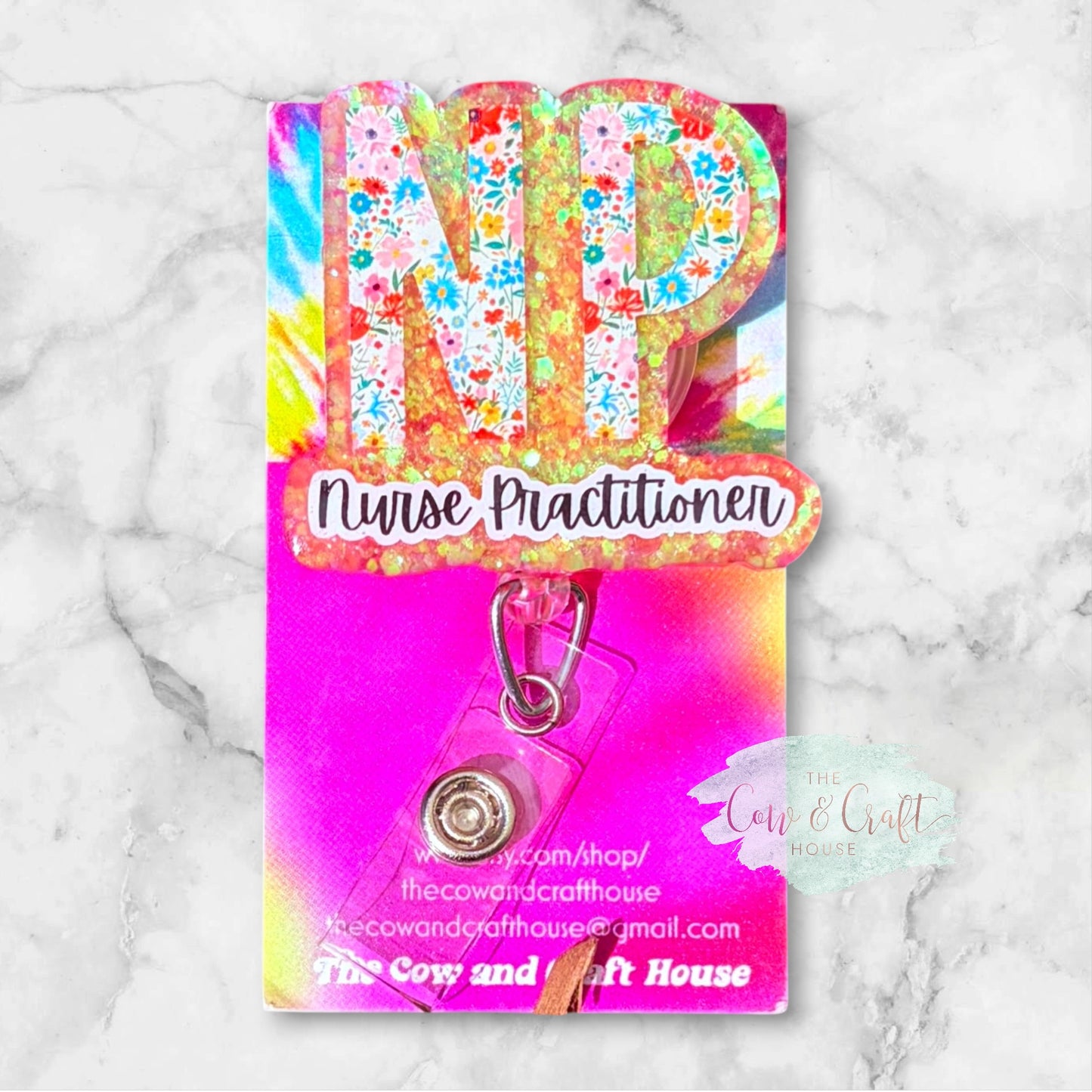 NP Badge Reel | Nurse Practitioner Badge Holder | Floral Peach Glitter Badge Reel | Retractable ID Holder | Swivel Clip Healthcare Gift