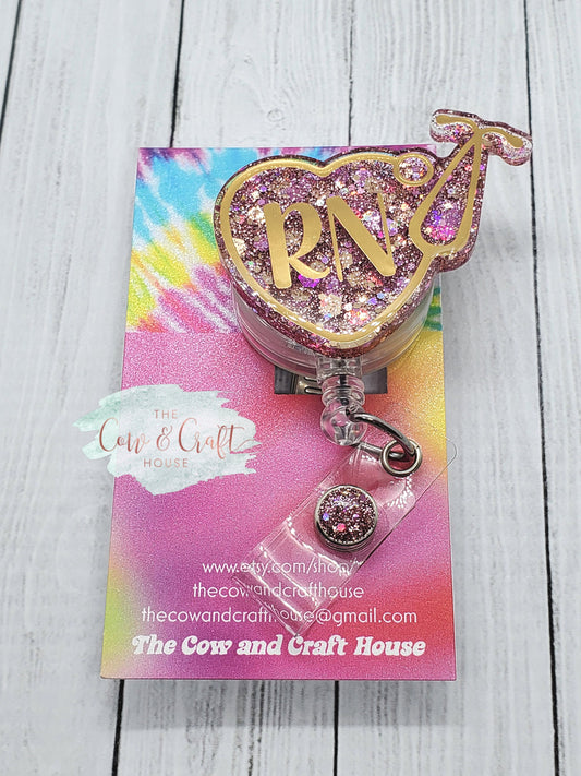 RN Badge Reel: Stethoscope Heart, Pink & Gold Glitter, Handmade