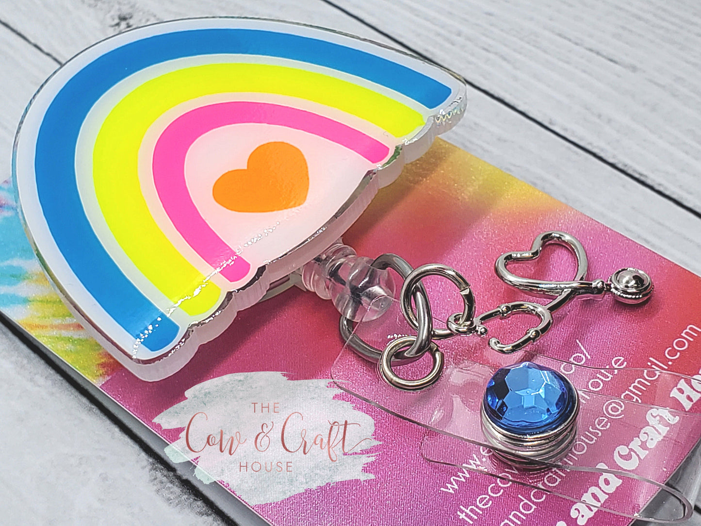 Rainbow Badge Reel: Neon Acrylic Nurse ID Holder with Stethoscope Charm