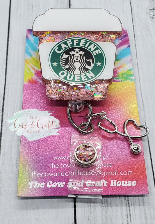 Caffeine Queen Starbucks Badge Reel, Glitter Resin Nurse Badge Clip