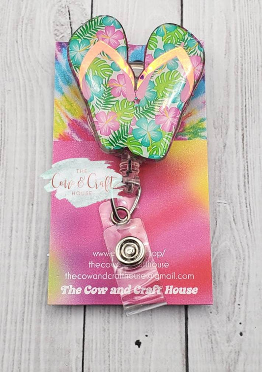 Flip Flops Badge Reel: Floral Summer ID Holder