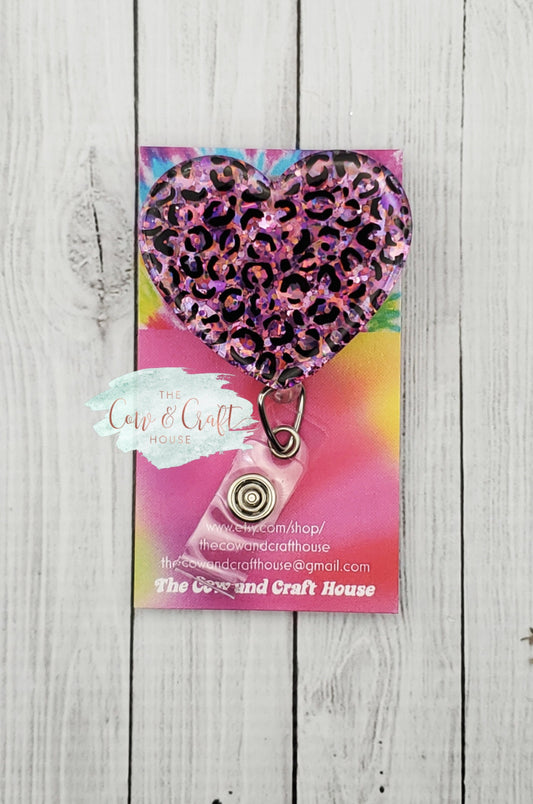 Heart Badge Reel: Glitter Leopard Print RN ID Holder