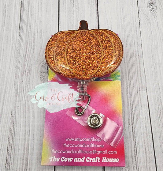 Orange Glitter Pumpkin Badge Reel – Fall ID Holder