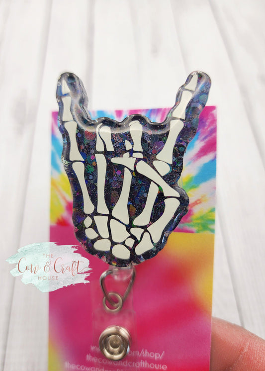 Rock On Skeleton Hand Badge Reel: Glow in the Dark Glitter Radiology Badge