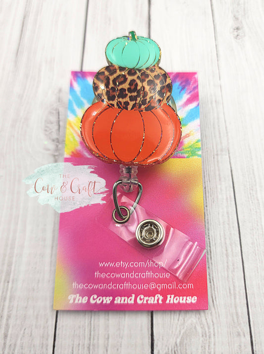 Stacked Pumpkin Badge Reel: Glitter Resin Fall Holiday Badge