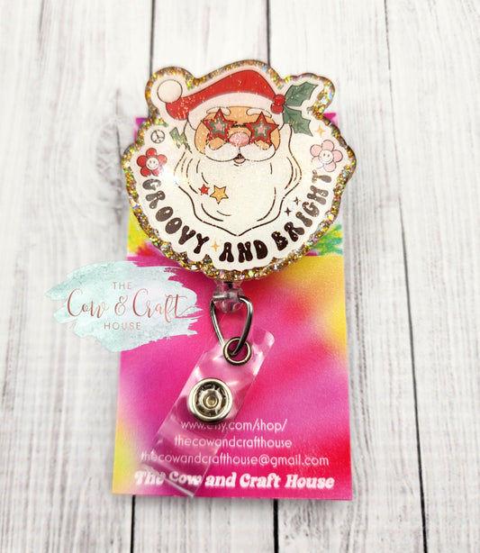 Groovy Santa Christmas Badge Reel: Glitter ID Holder