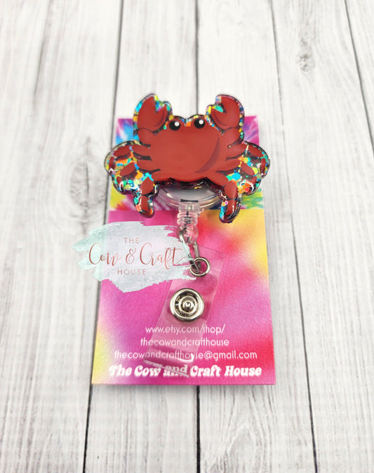 Glitter Hermit Crab Badge Reel: Beach Summer ID Holder