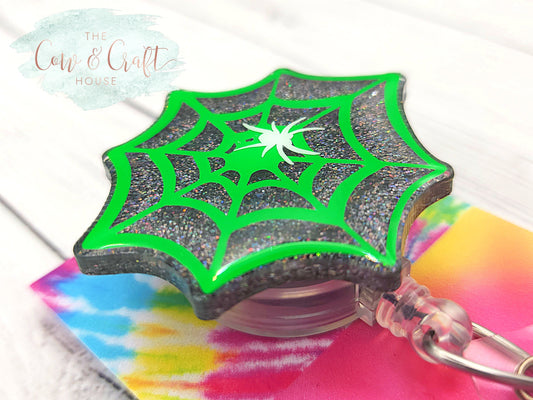 Neon Green Spider Web Badge Reel: Halloween ID Holder
