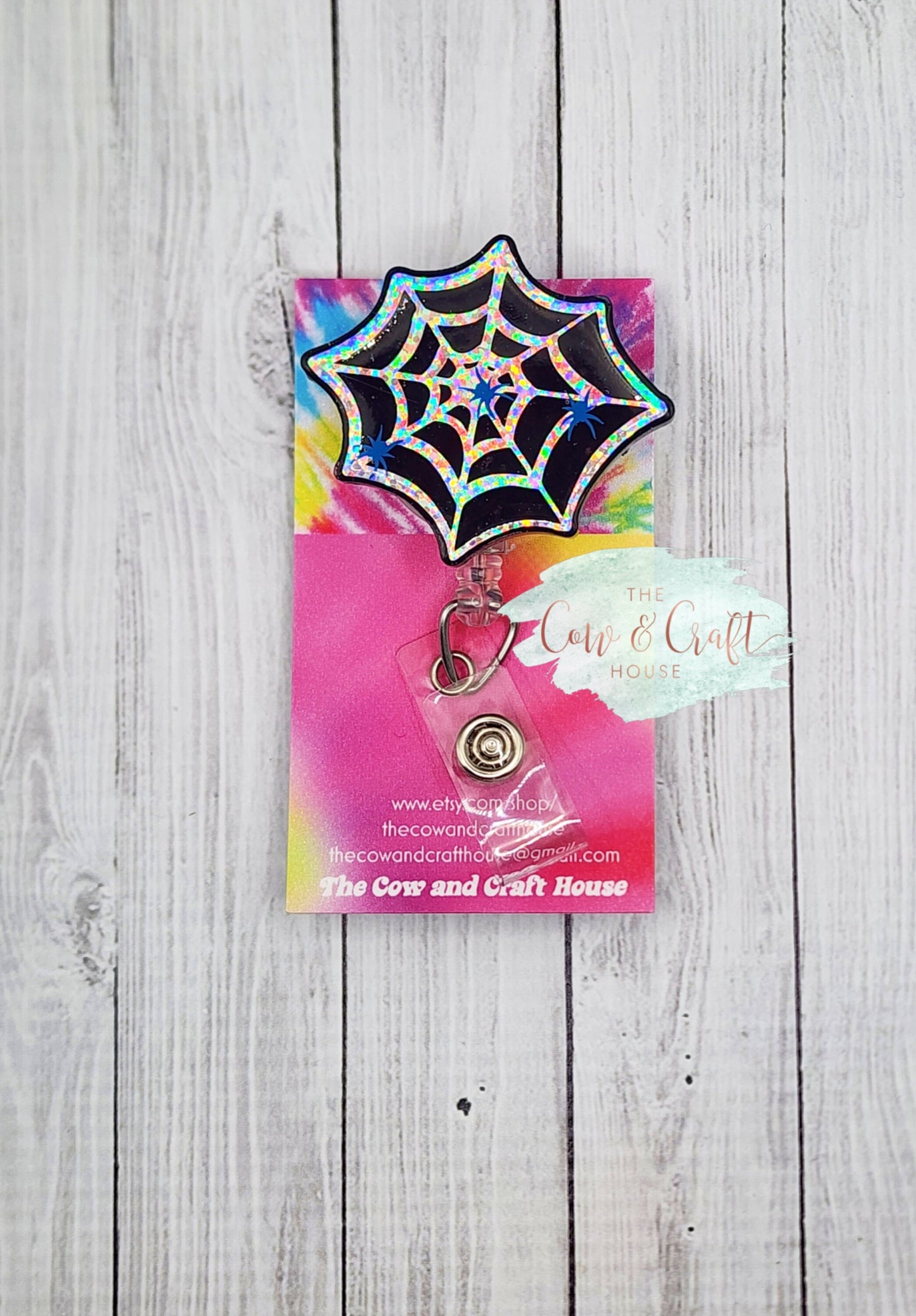 Holographic Spider Web Badge Reel: Halloween ID Holder