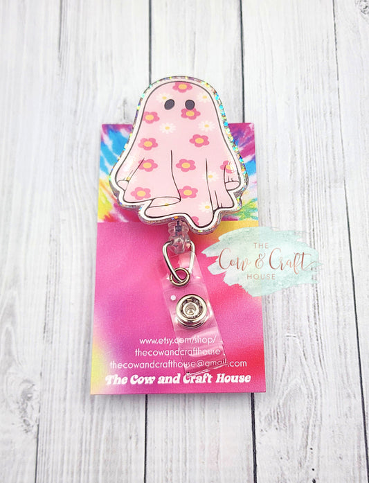 Halloween Ghost Badge Reel: Glitter Flower Design, Nurse Accessory