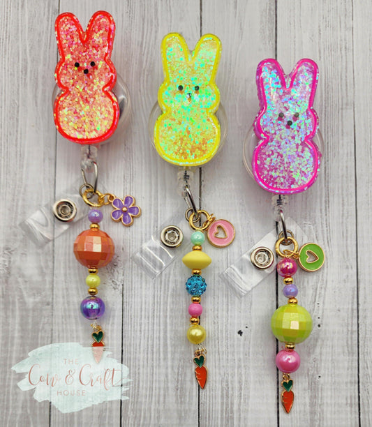 Peep Bunny Badge Reel, Glitter Easter ID Holder