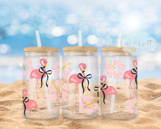 Pink Flamingo Iced Coffee Glass Cup | Coquette Flowers, Bamboo Lid & Straw