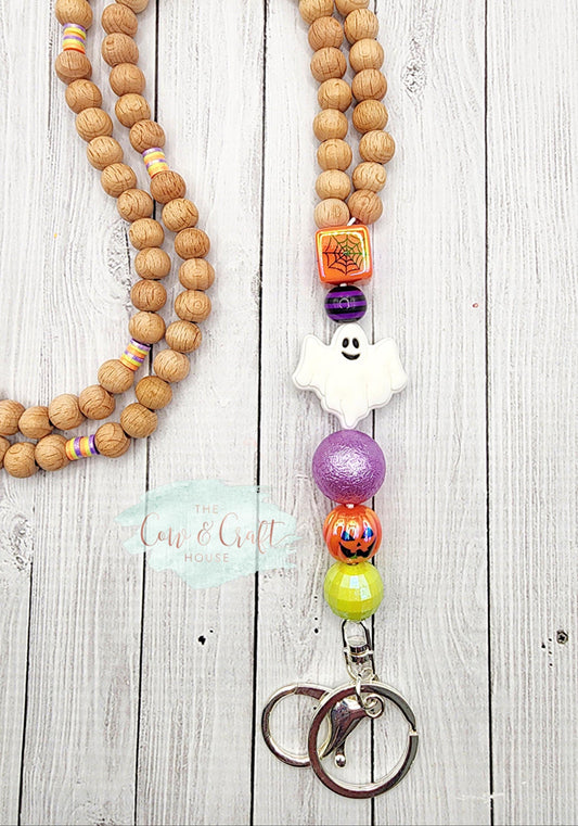 Cute Halloween Teacher Lanyard Ghost | Orange Purple Green Beaded Lanyard | Spooky Cute Teacher Gift | Badge Holder | Fall Classroom Accesso