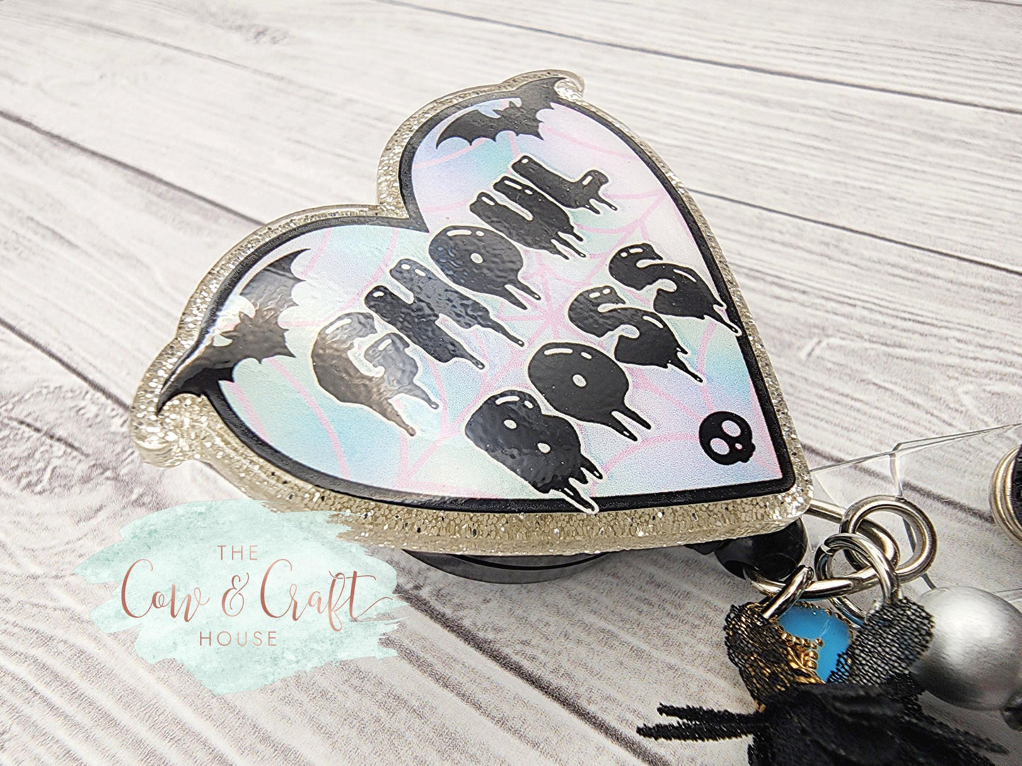 Ghoul Boss Badge Reel: Sparkly Silver Glitter Halloween Accessory