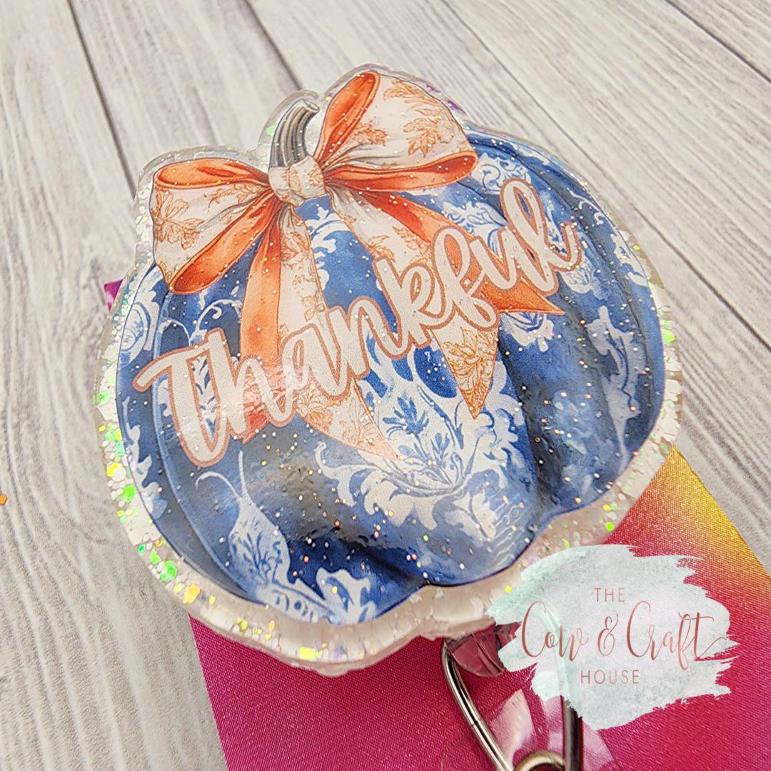 Thankful Pumpkin Badge Reel - Fall Thanksgiving Swivel Clip ID Holder