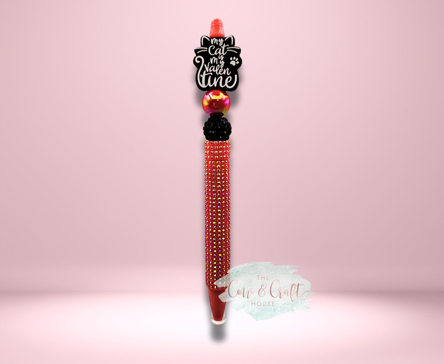Cat Valentine Beaded Pen | Handmade Black Ink Twist Pen