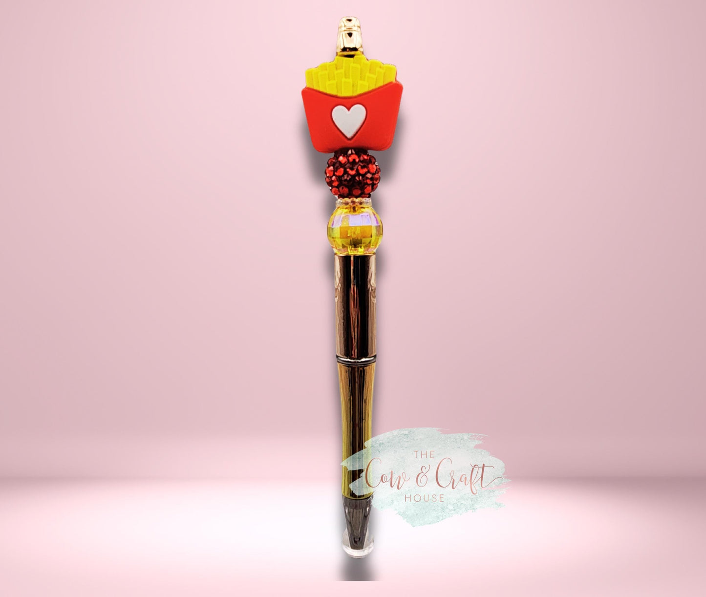 Valentine Fry Love Pen | Cute Valentine Gift | Gold Beaded Pen | Heart Fries Focal | Black Ink