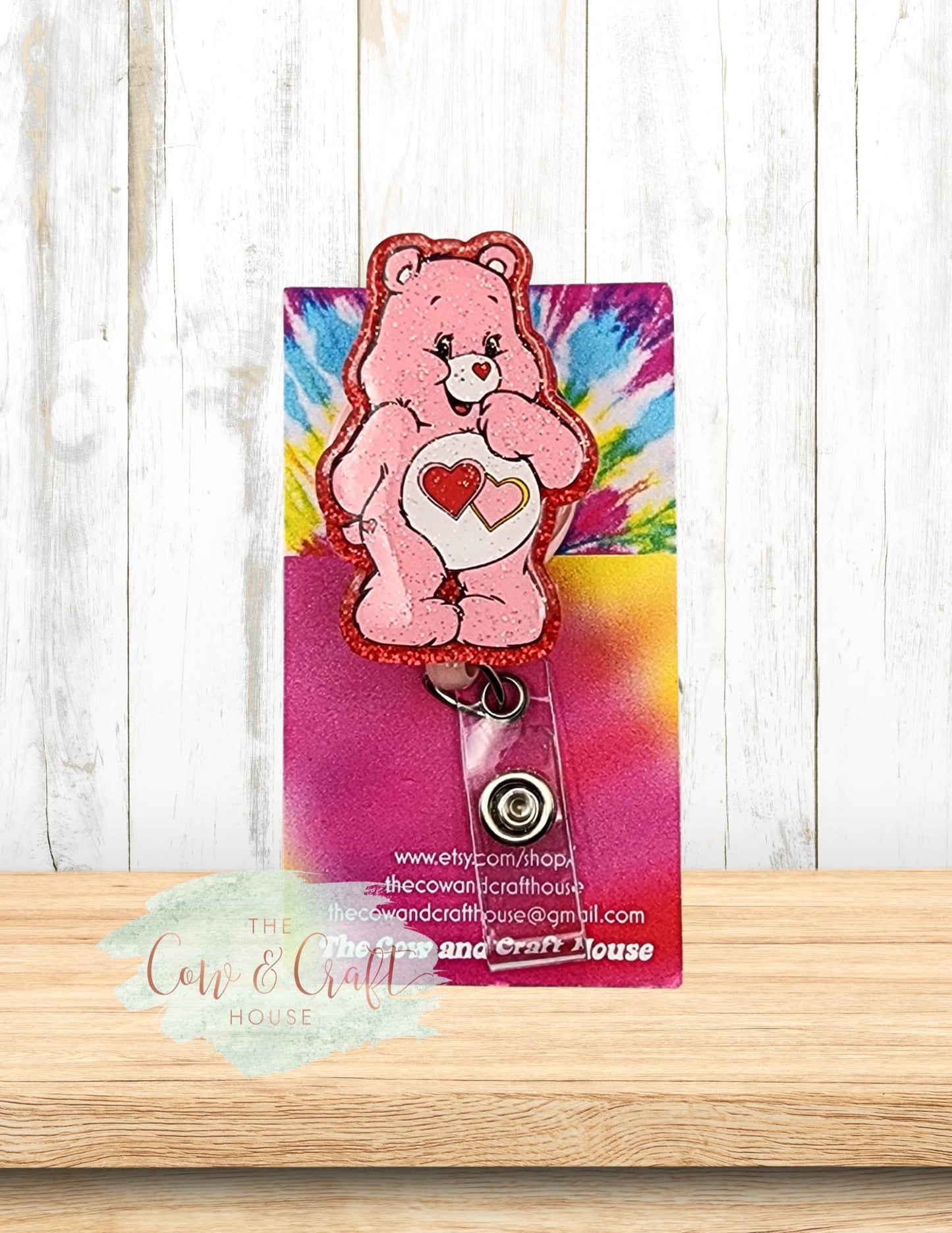 Glitter Teddy Bear Heart Badge Reel: Valentine's Day ID Holder