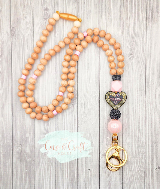 Beaded Teacher Lanyard | Wood Beads & Pencil 'Teach' Focal