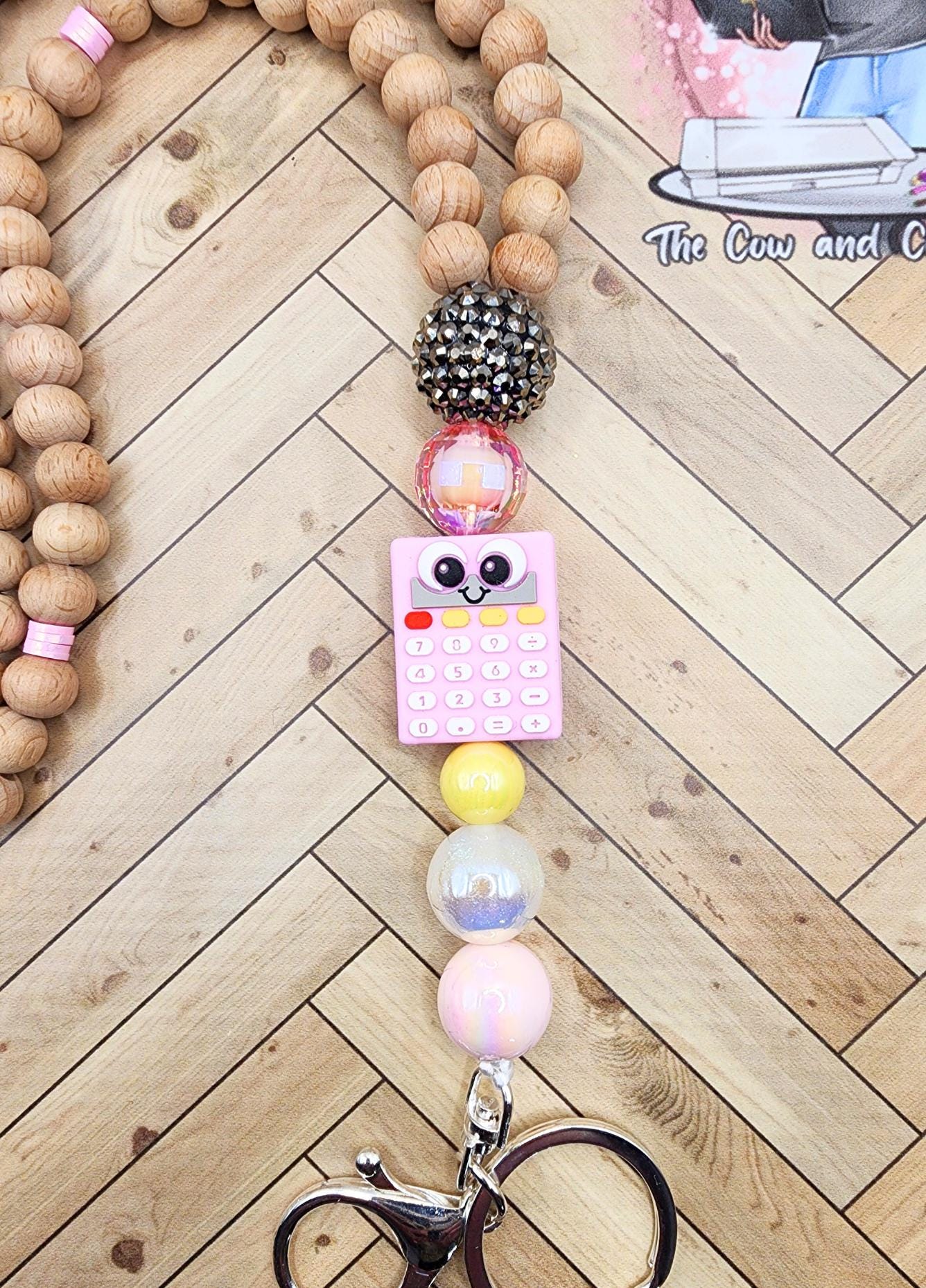 Teacher Lanyard ⢠Wooden Beads, Pink Calculator ⢠Breakaway ID Badge Holder