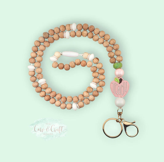 Beaded Teacher Lanyard | Wood Beads, Pink Apple, Breakaway Necklace