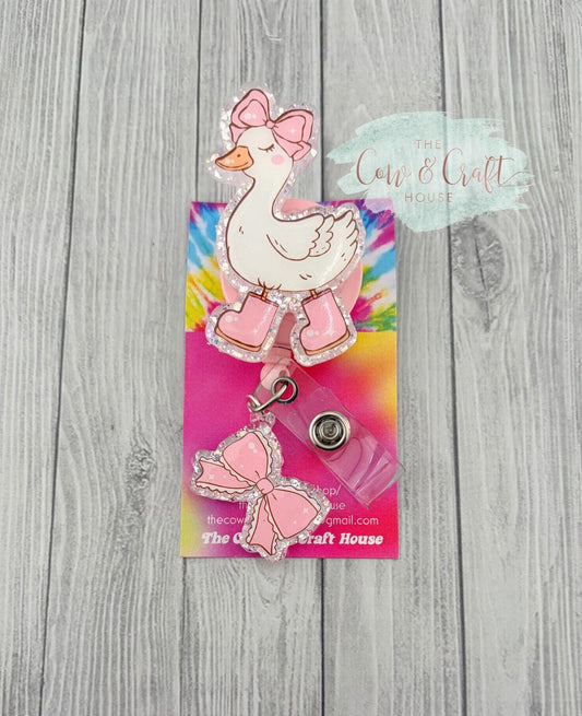 Cute Duck Badge Reel | Pink Rain Boots + Bow Charm | 34” Nylon Cord Swivel Clip | Nurse Badge Holder