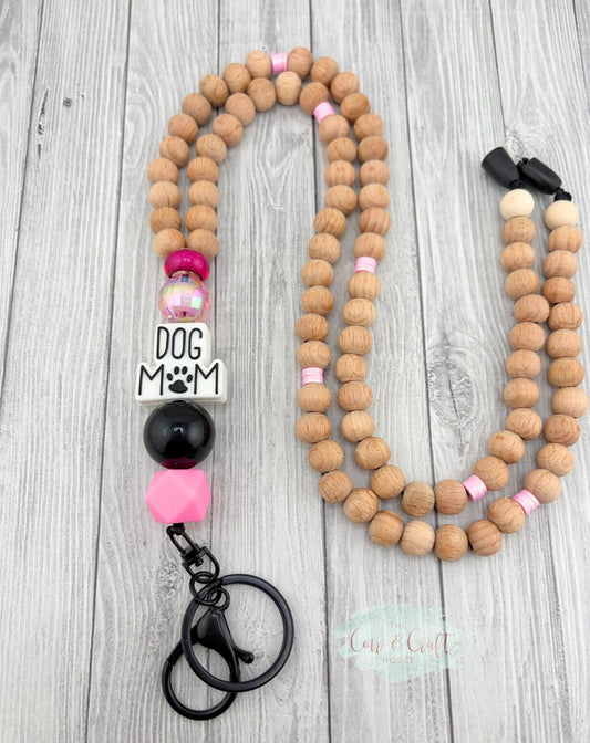 Dog Mom Teacher Lanyard | Breakaway Beaded Lanyard | Black Pink Wood Beads | Classroom ID Holder Gift