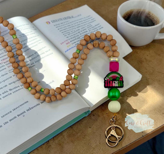 Breakaway Teacher Lanyard | Beaded Teacher Necklace | Green Fuchsia Cream Lanyard | Classroom ID Holder Gift
