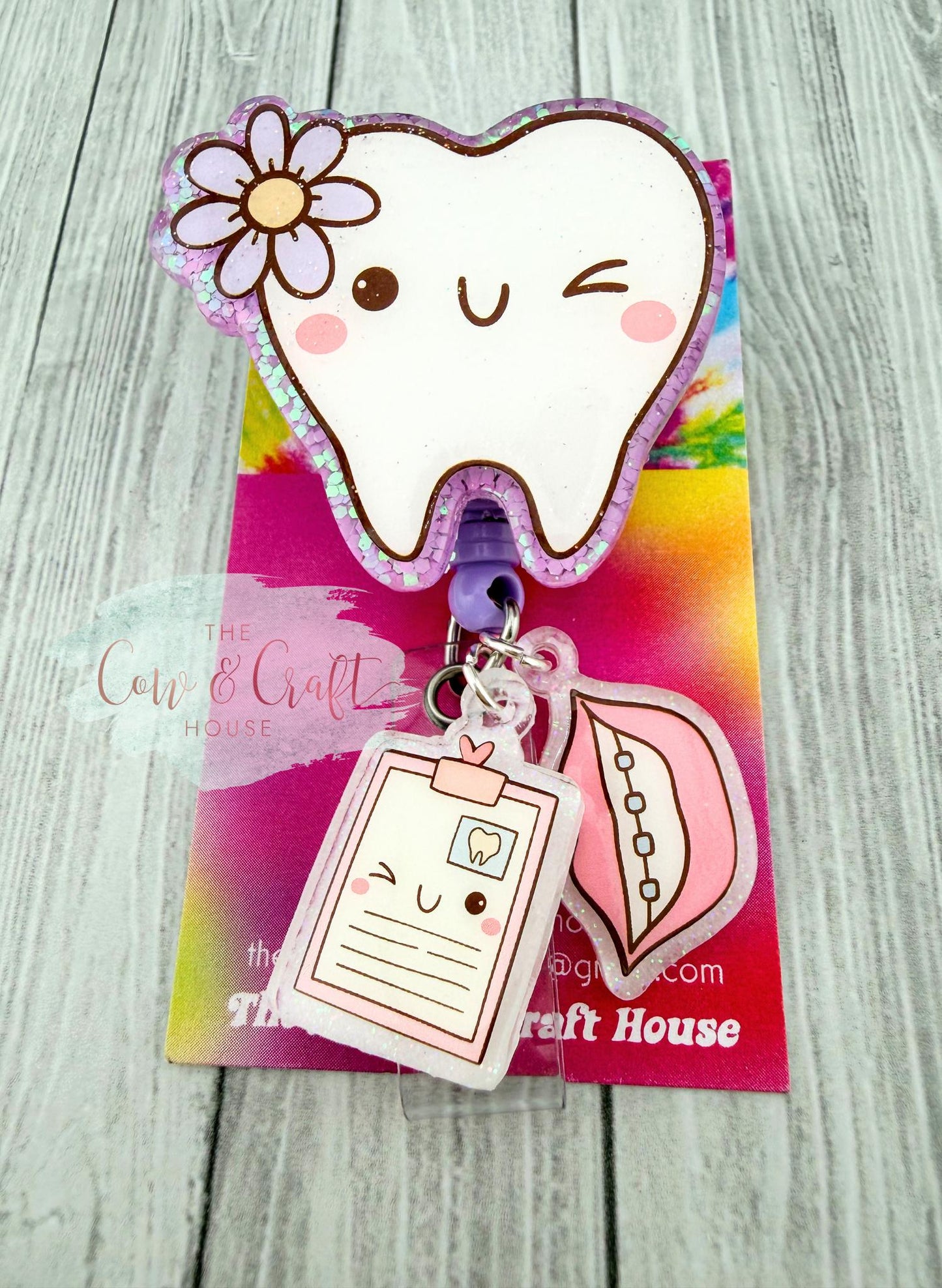 Dental Badge Reel Tooth w/ Flower, Purple Glitter Badge Reel, Dental Assistant Hygienist Dentist Gift, 34” Nylon Cord Swivel Clip w/ Charms