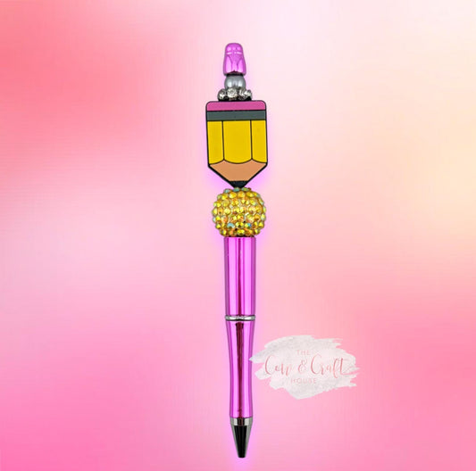 Hot Pink Holographic Teacher Pen | Beaded Twist Pen Black Ink | Cute Yellow Teacher Focal | Gift for Teacher