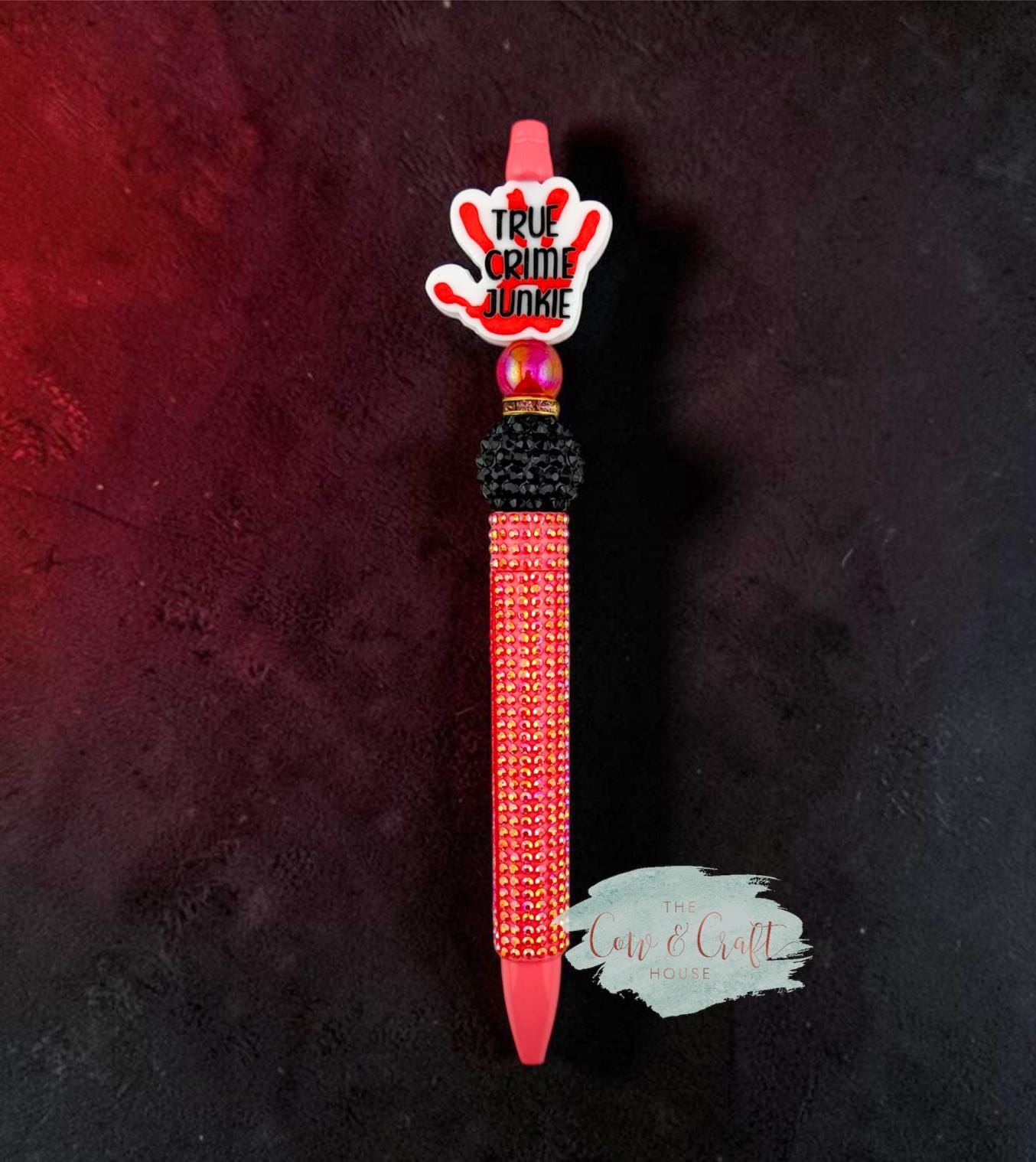 Red Sparkly Beaded Pen | Crime Scene Hand Pen | Twist Black Ink Pen | True Crime Gift | Cute Creepy Pen