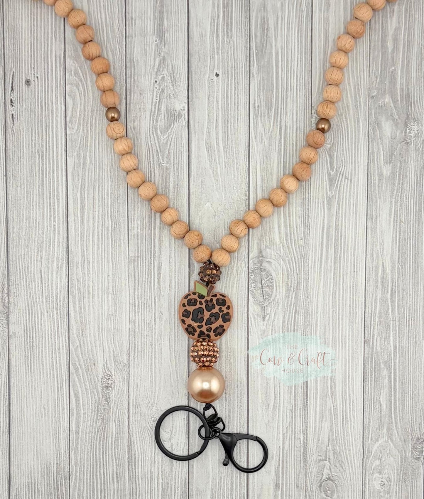 Leopard Heart Teacher Lanyard | Breakaway Wood Bead Lanyard | Cute Teacher Necklace | Classroom ID Holder Gift
