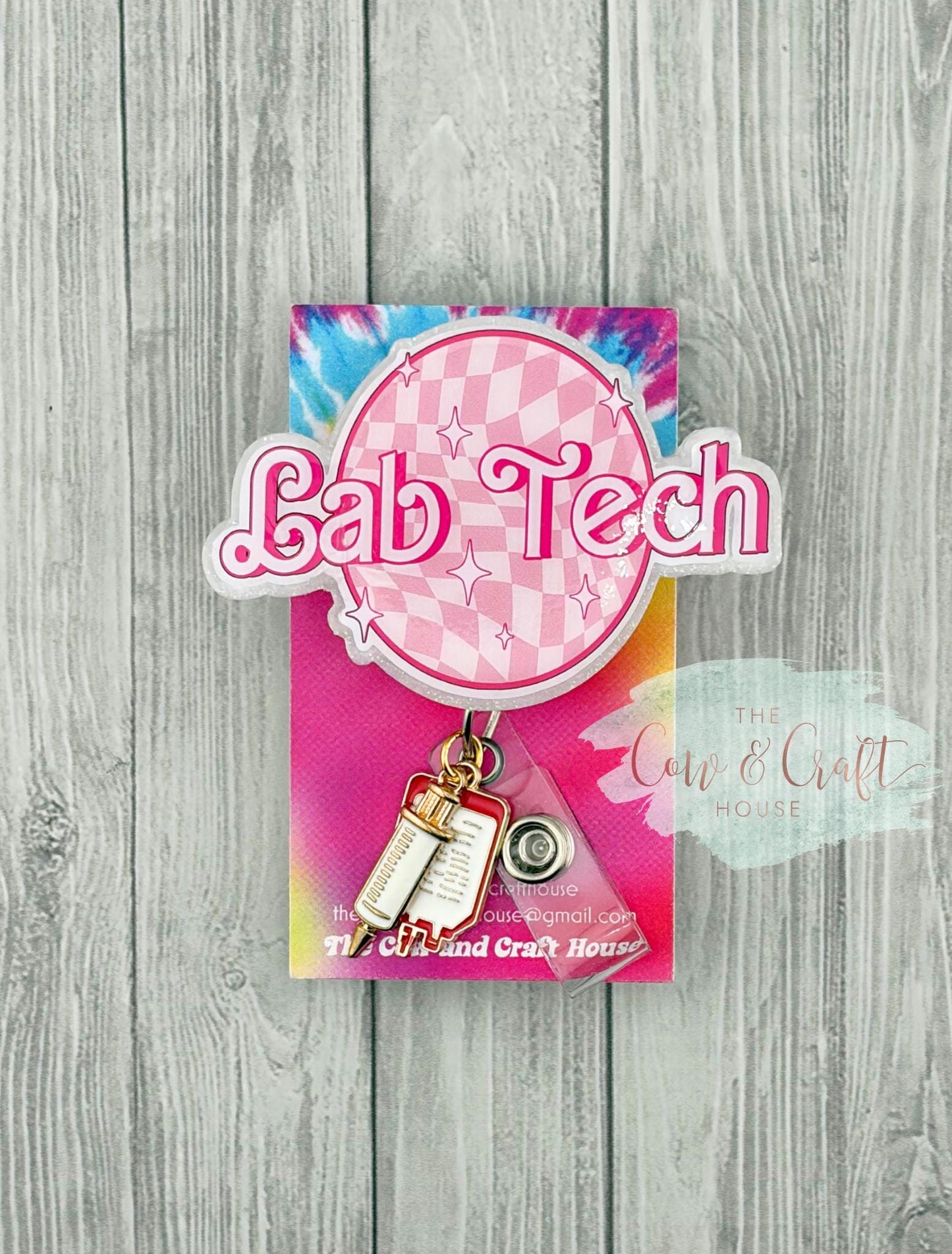 Lab Tech Badge Reel | Pink White Barbie Font | Swivel Clip 34β Nylon Cord | Cute Medical Badge Reel