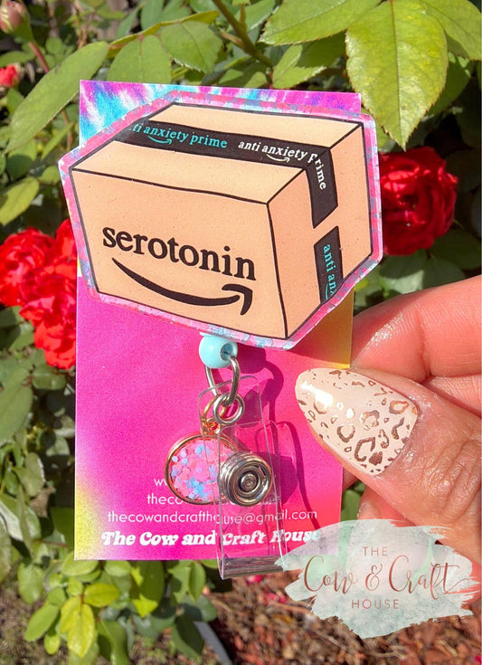 Serotonin” Amazon Box Badge Reel | Nurse Radiology CNA Badge Reel | Swivel Clip 34” Nylon Cord | Funny Medical Gift