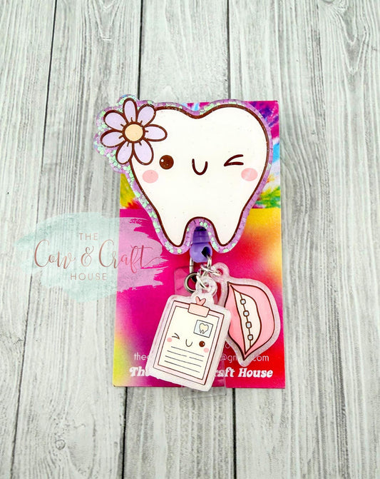 Dental Badge Reel Tooth w/ Flower, Purple Glitter Badge Reel, Dental Assistant Hygienist Dentist Gift, 34” Nylon Cord Swivel Clip w/ Charms