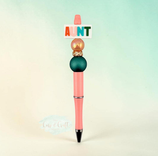 Peach Aunt Beaded Pen | Twist Black Ink Pen | Peach & Turquoise Pen | Cute Aunt Gift | AUNT Focal Pen