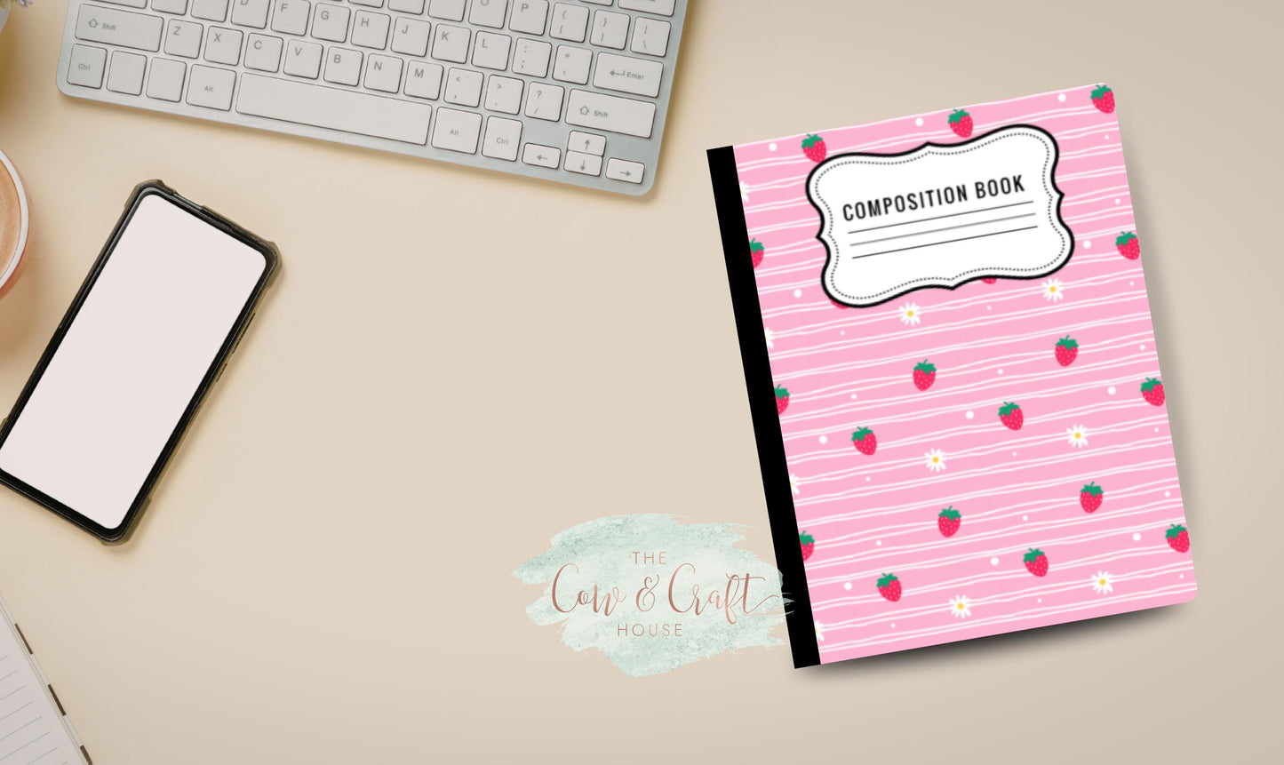 Pink Strawberry Daisy Notebook | Composition Notebook | College or Wide Ruled | Cute School Supplies