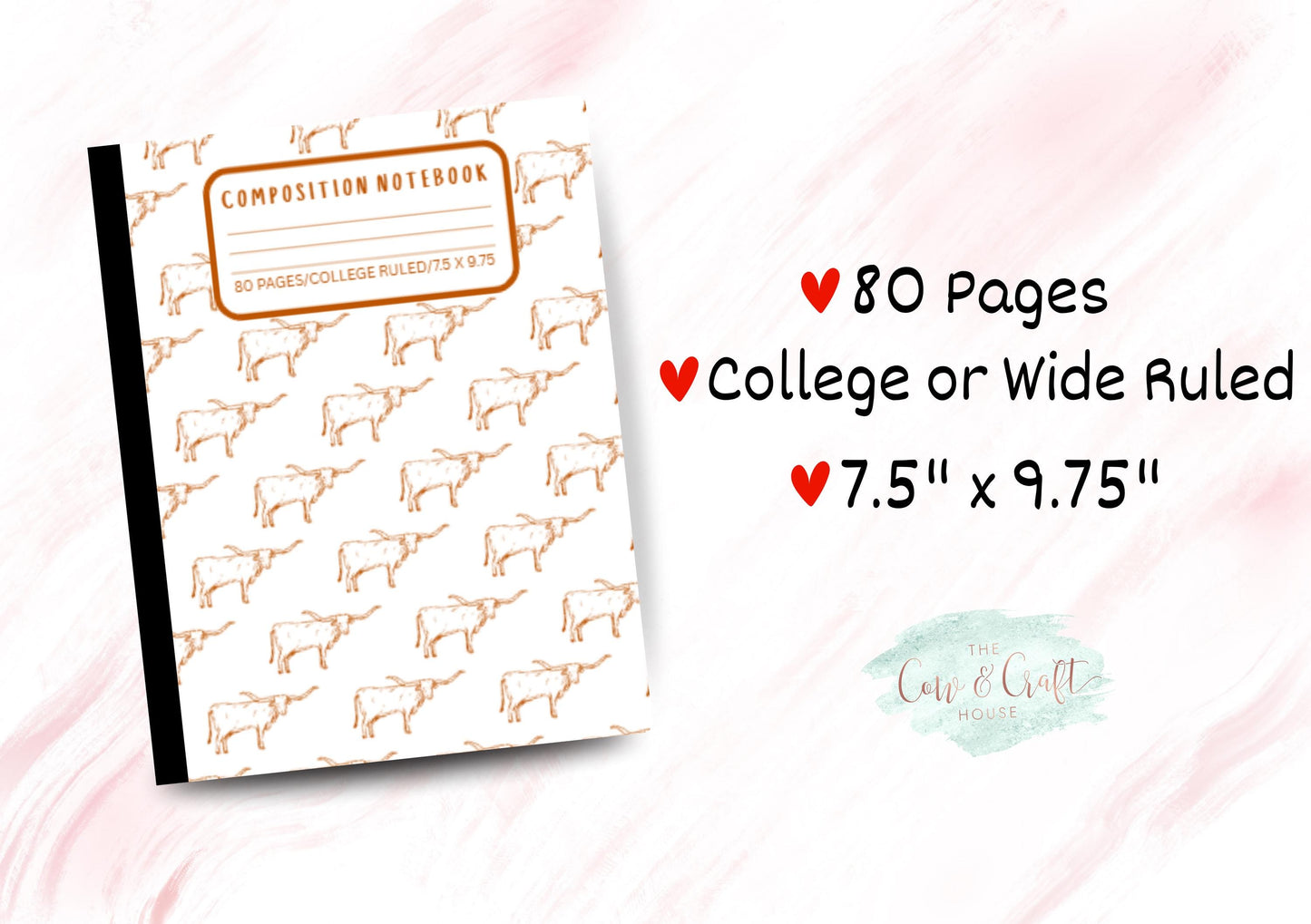White Holographic Longhorns Notebook | Composition Notebook | College or Wide Ruled | Burnt Orange Longhorn Design