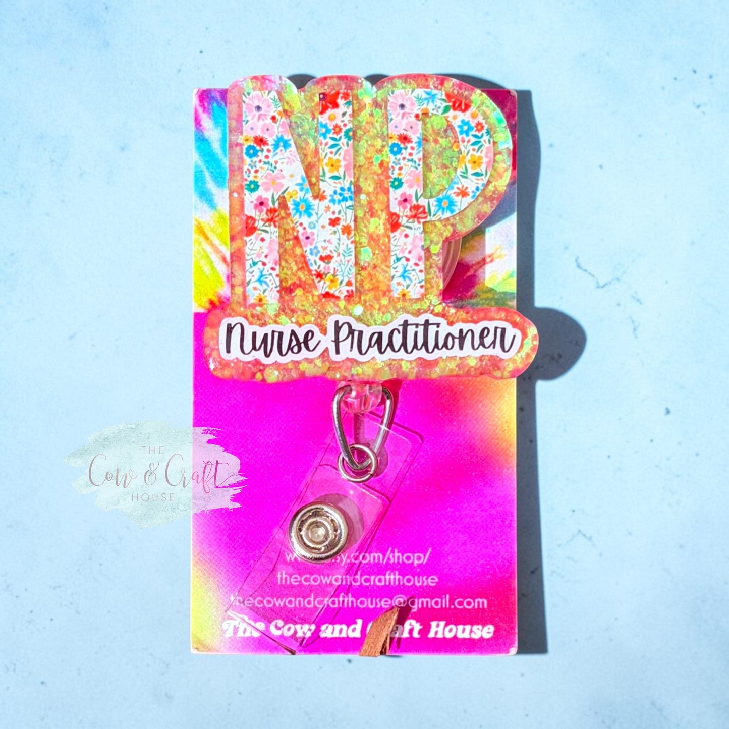 NP Badge Reel | Nurse Practitioner Badge Holder | Floral Peach Glitter Badge Reel | Retractable ID Holder | Swivel Clip Healthcare Gift
