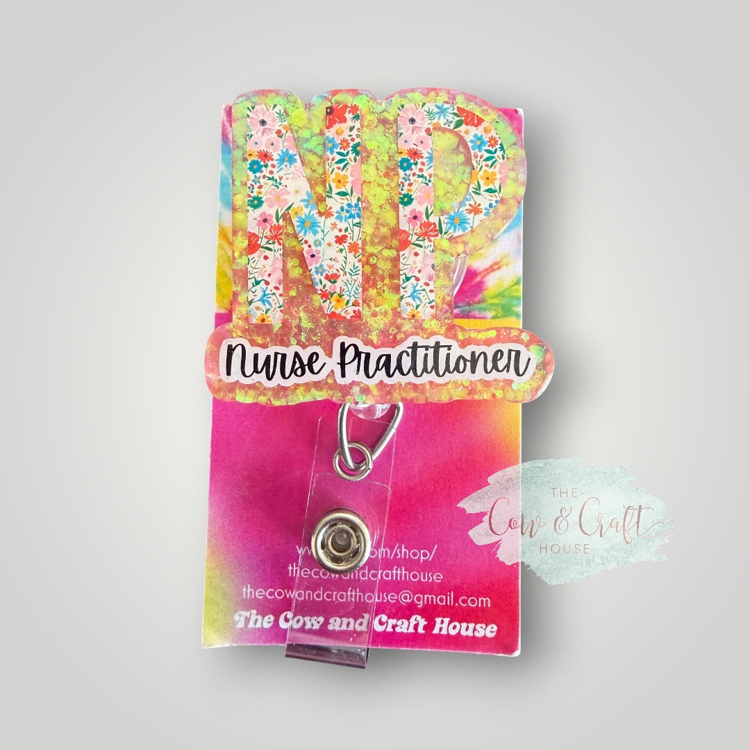 NP Badge Reel | Nurse Practitioner Badge Holder | Floral Peach Glitter Badge Reel | Retractable ID Holder | Swivel Clip Healthcare Gift