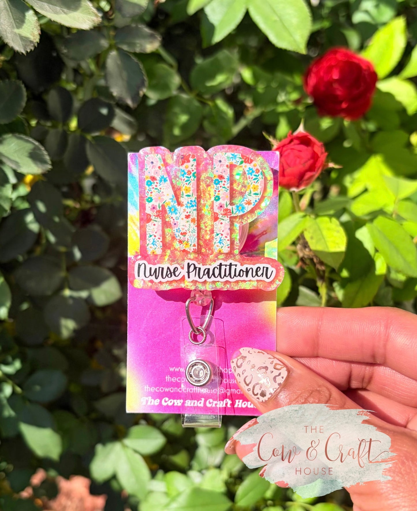 NP Badge Reel | Nurse Practitioner Badge Holder | Floral Peach Glitter Badge Reel | Retractable ID Holder | Swivel Clip Healthcare Gift