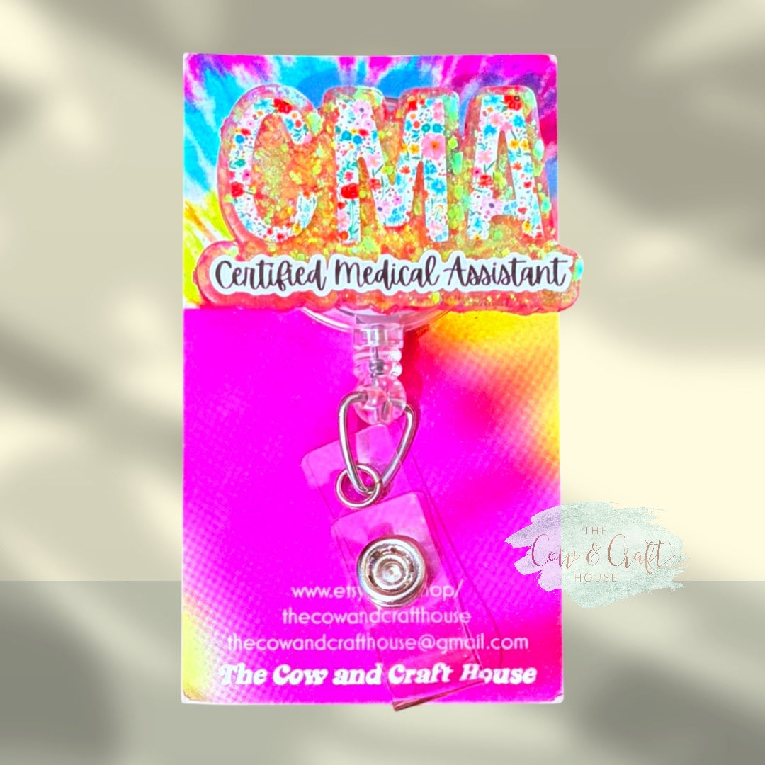 CMA Badge Reel | Certified Medical Assistant Badge Holder | Floral Peach Glitter Badge Reel | Retractable ID Holder | Swivel Clip Healthcare Gift