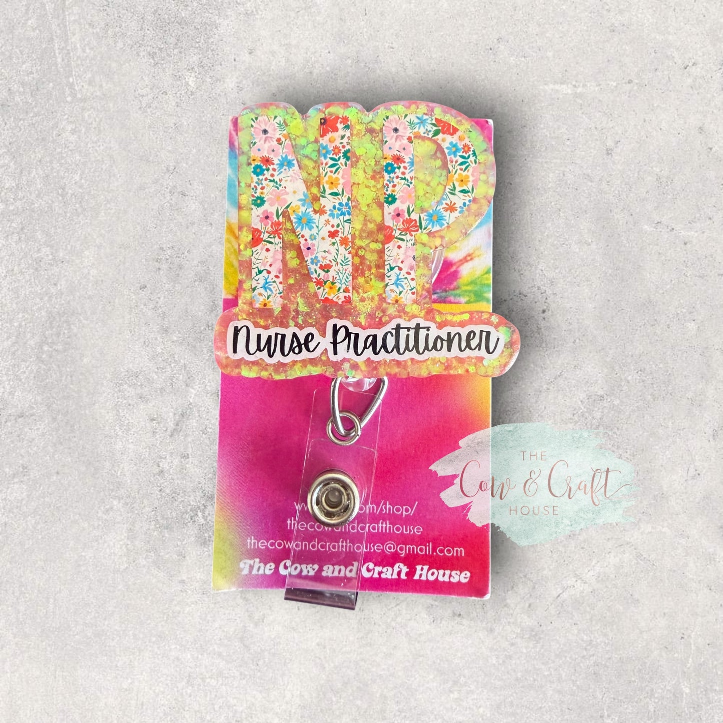 NP Badge Reel | Nurse Practitioner Badge Holder | Floral Peach Glitter Badge Reel | Retractable ID Holder | Swivel Clip Healthcare Gift