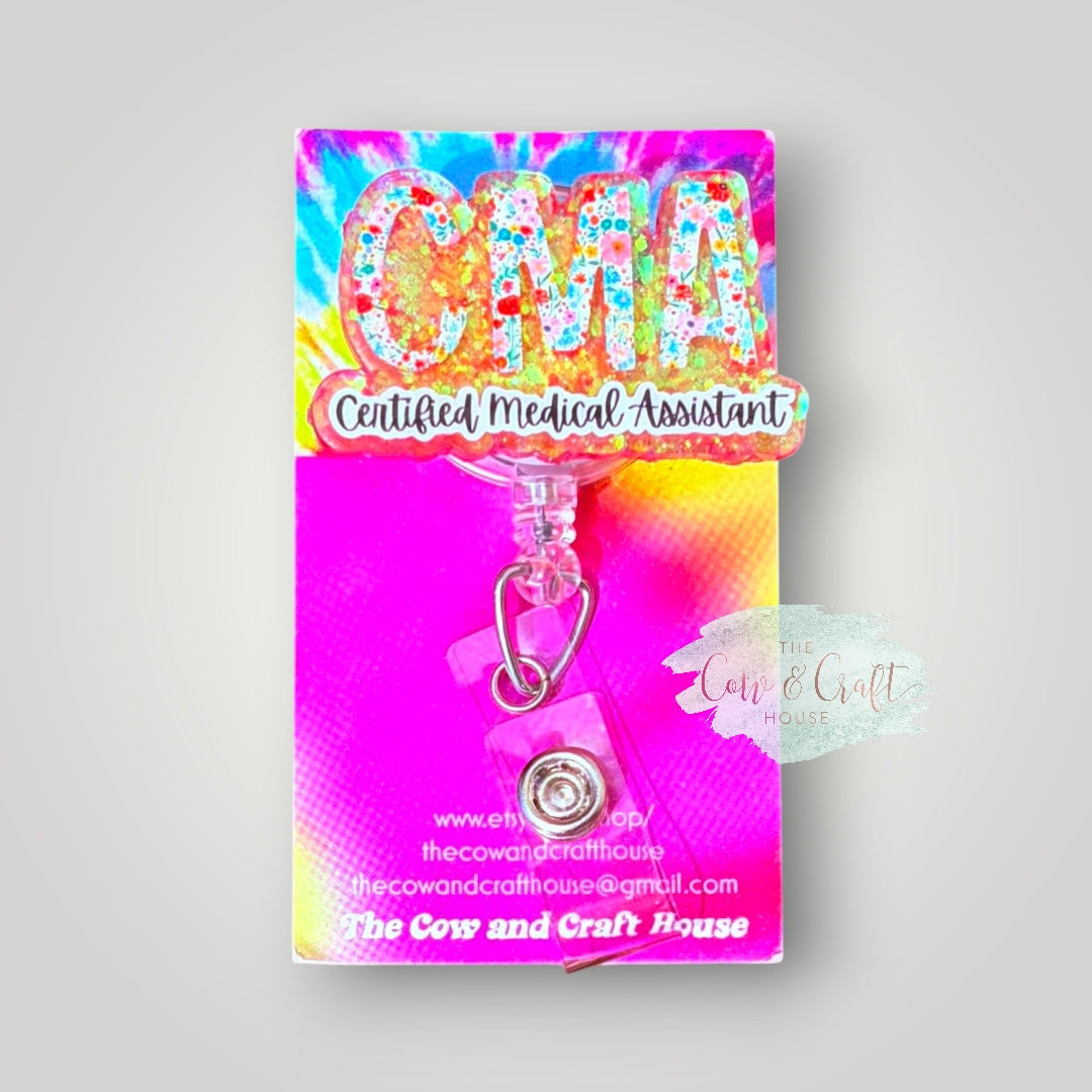 CMA Badge Reel | Certified Medical Assistant Badge Holder | Floral Peach Glitter Badge Reel | Retractable ID Holder | Swivel Clip Healthcare Gift