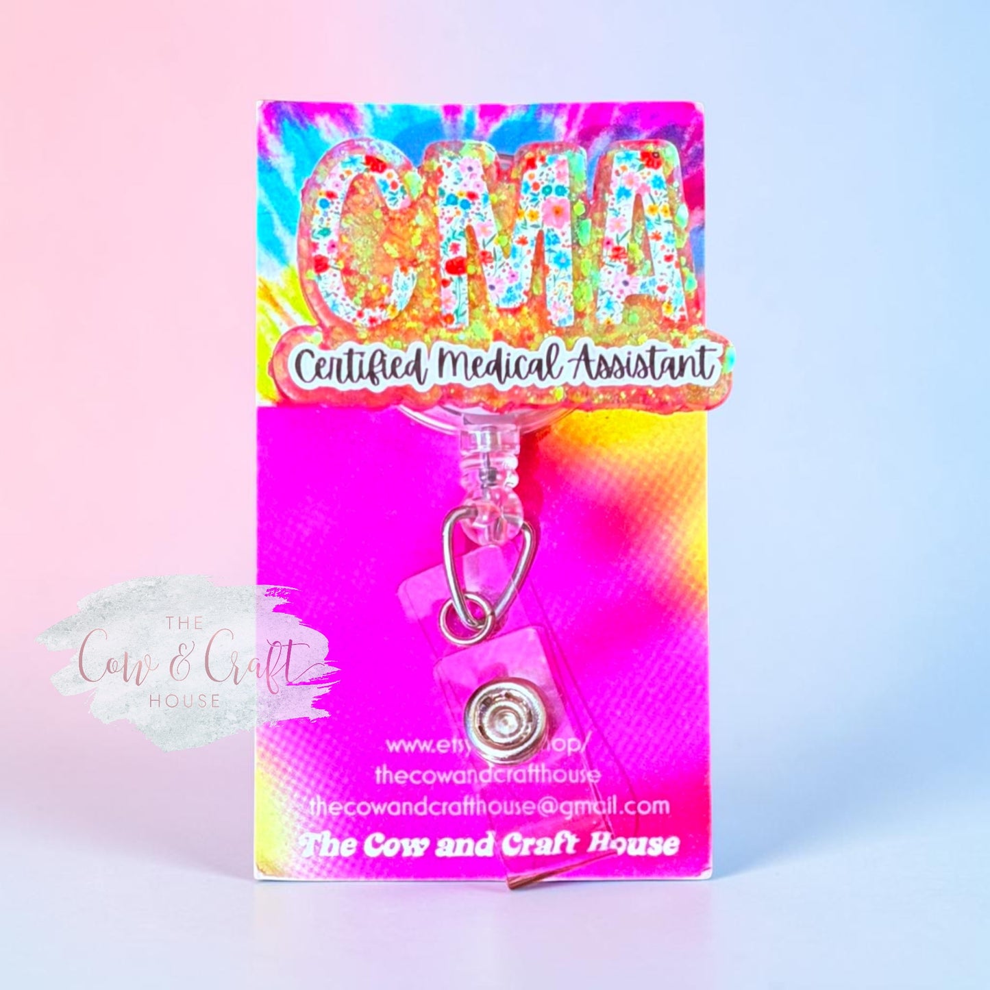 CMA Badge Reel | Certified Medical Assistant Badge Holder | Floral Peach Glitter Badge Reel | Retractable ID Holder | Swivel Clip Healthcare Gift