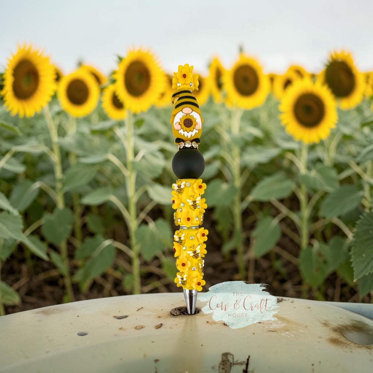 Sunflower Gnome Beaded Pen 🌻🐝 Cute Bee Flower Black Ink Pen for Teacher Nurse Planner Gift Handmade Yellow Focal Bead Pen