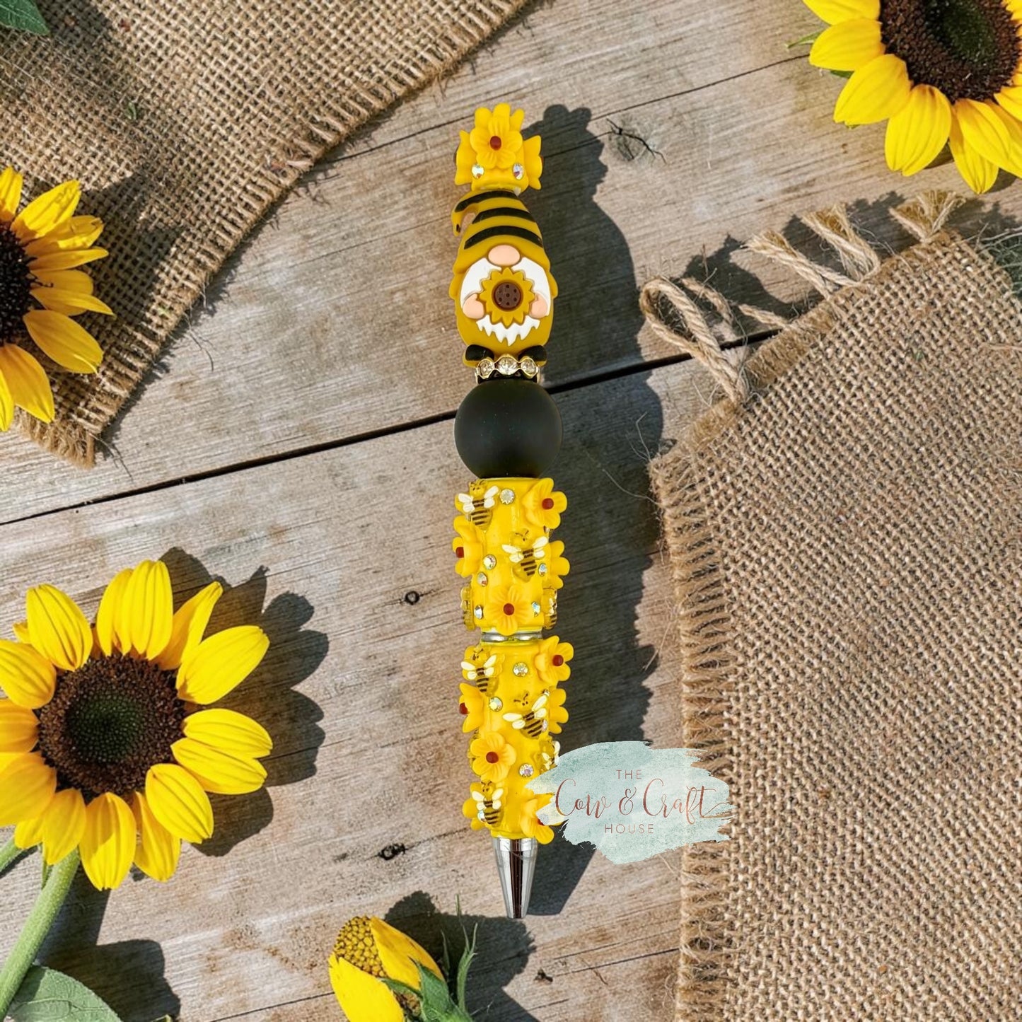 Sunflower Gnome Beaded Pen 🌻🐝 Cute Bee Flower Black Ink Pen for Teacher Nurse Planner Gift Handmade Yellow Focal Bead Pen