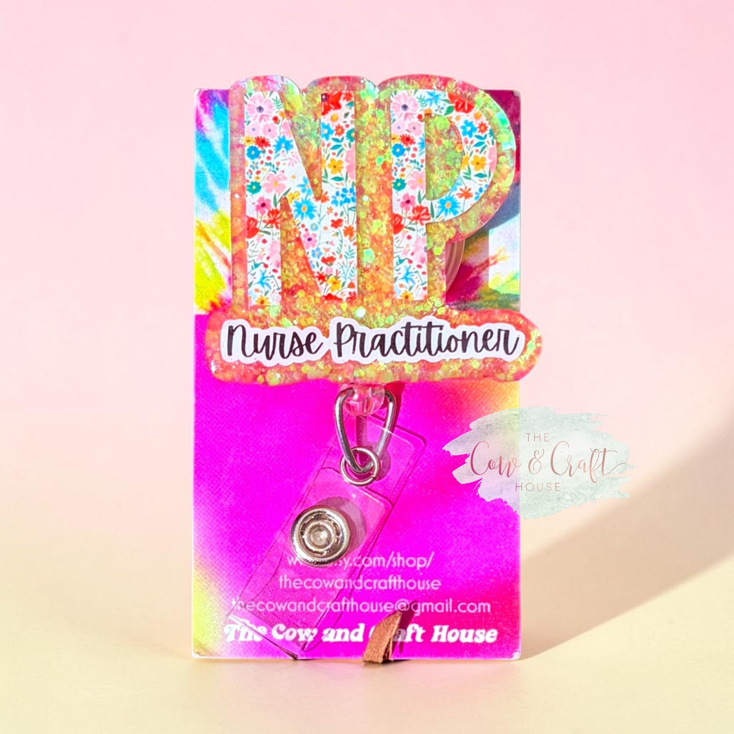 NP Badge Reel | Nurse Practitioner Badge Holder | Floral Peach Glitter Badge Reel | Retractable ID Holder | Swivel Clip Healthcare Gift