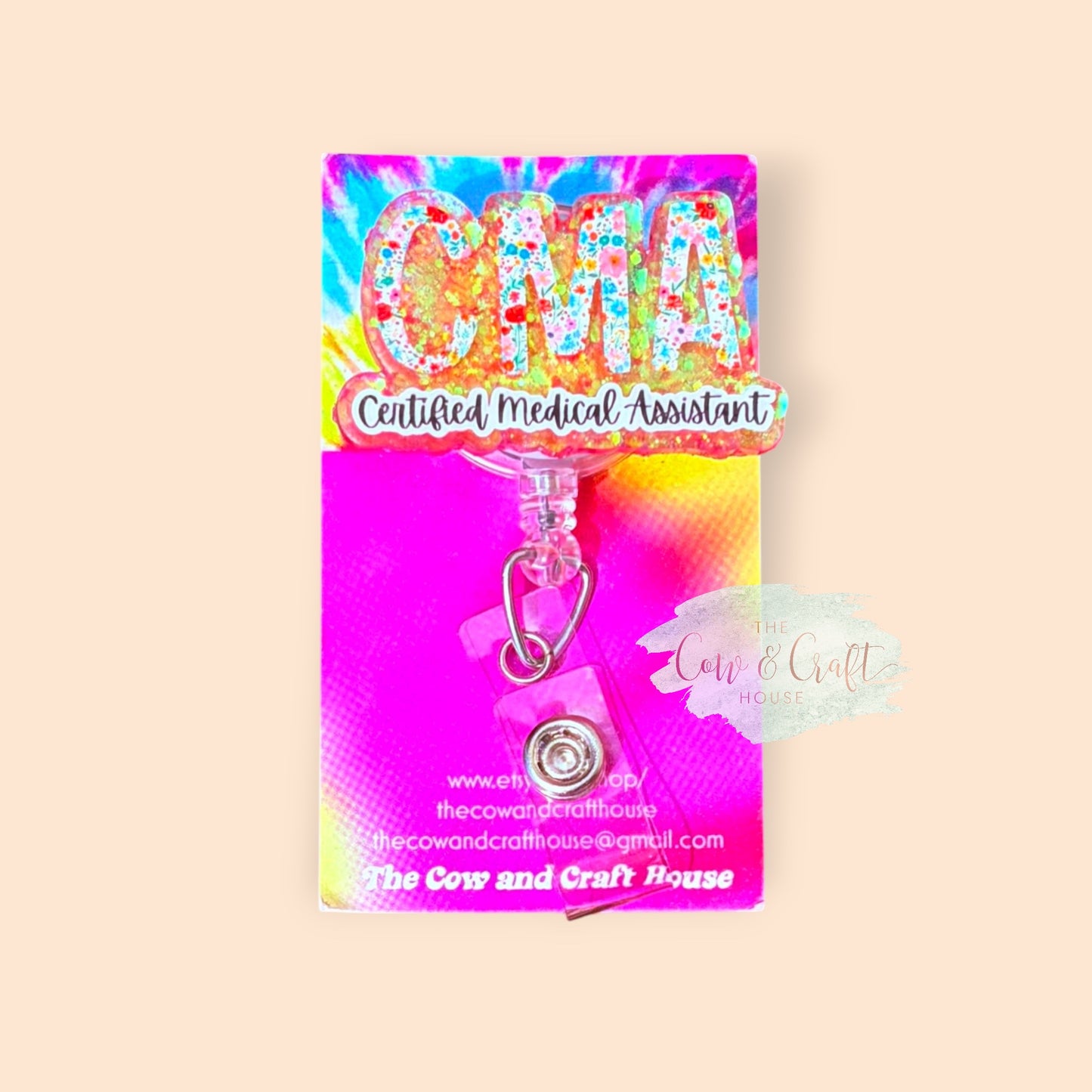 CMA Badge Reel | Certified Medical Assistant Badge Holder | Floral Peach Glitter Badge Reel | Retractable ID Holder | Swivel Clip Healthcare Gift